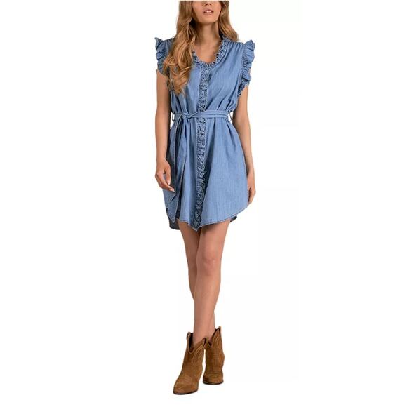 ELAN INTERNATIONAL WOMENS MEDIUM COTTON MINI DRESS RUFFLE SLEEVE W/BELT BLUE NEW - Picture 3 of 13